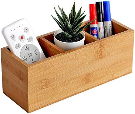 Bamboo Wood Pens Pencils Holder Cup for Desk Remote Control Holder, Caddy,Organizer,Desktop Storage with 3 Compartments,Makeup Brush Holder,Silverware Caddy for Party,Office Supplies (3 Grid) by YOSCO