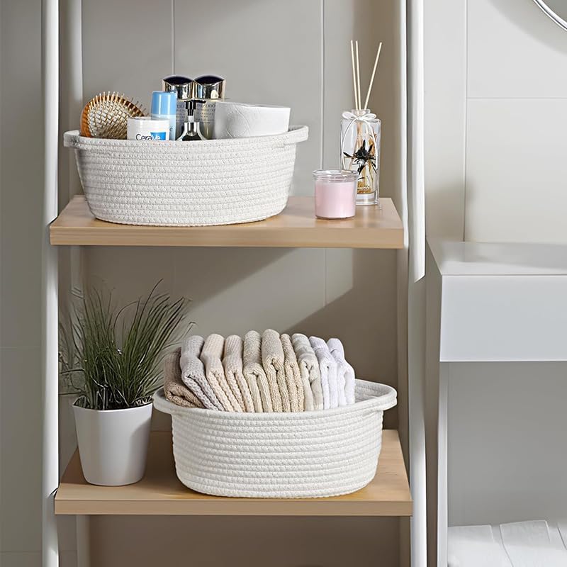 Woven Cotton Rope Storage Basket with Handle, Round Home Storage Basket for Home Organization and Gift Organizer, Home Organizer, Bedroom, Living Room, 12 x 8 x 5 Inch (White) - Image 2