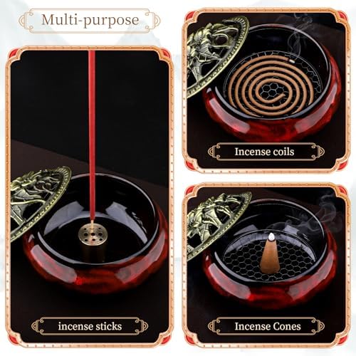 2 Pack Ceramic Incense Burner Holder Set – 9 Hole Incense Stick Holder with Coil Incense Holder & Burner Tray – Multi-Function Censer for Cones, Coil Incense, and Stick Incense (Fambe Blue+Fambe Red) - Image 6