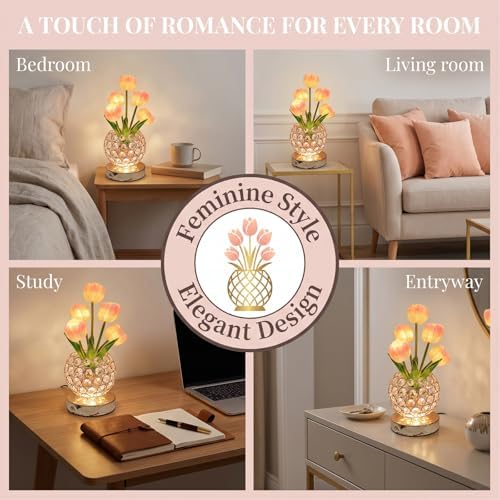 Tulip Night Light with Dazzling Crystal-Like Base, 3-Color Touch Control Flower Lamp, Stepless Dimming Rechargeable Floral Table Lamp, Aesthetic Romantic Gifts for Women Mom Wife (Pink) - Image 6