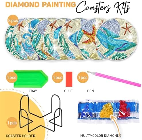 8 Pcs Ocean Animal Shaped Diamond Painting Kits, Diamond Painting Kits with Holder Ocean Animal, Diamond Art Coasters for Beginners Adults - Perfect Art Craft Supplies Gift!… (Ocean Animal) - Image 2