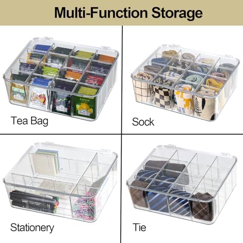 ZEXALOR Socks Underwear Drawer Organzier Dividers, 16 Compartment Removable Divided Plastic Storage Bin with Lid, Storage Organizer for Scarves Ties Bras, Clear Dresser Drawer Organizers - Image 2