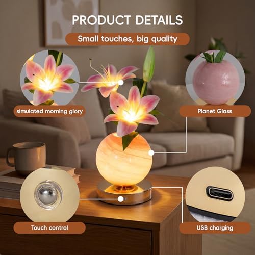 Lily Lamp Rechargeable Wireless Touch-Control Dimmable Faux Flower Desk Light, LED Glass Planet Vase Night Light, Kitchen Bedroom Office Decor, Housewarming Gift Women and Mom - Image 5