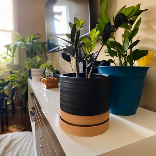 HERDUK 6 Inch Plant Pots, Ceramic Planter Pot with Drainage Hole & Saucer, Indoor/Outdoor Cylinder Round Planter Pot, Matte Black & Brown - Image 2