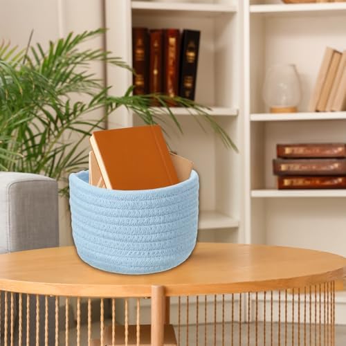 uxcell Blue Small Cotton Rope Woven Storage Basket, Shelf Closet Storage Gift Woven Baskets Cute Nursery Box Bin Decor Organization Bin for Home Supply, Round, 5.6x3.6 - Image 7