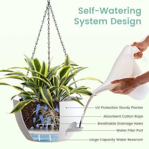 UOUZ 4 Pack 8 Inch Self Watering Hanging Planters for Indoor Outdoor Plants，Hanging Pots for Plants with Drainage Removable Tray, Hanging Baskets Flower Pots for Ivy Pothos Spider Garden Porch White - Image 5