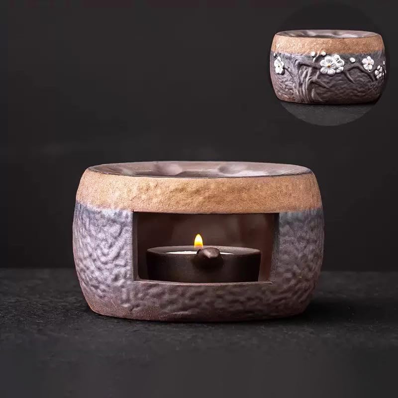 Ceramic Aromatherapy Burner — Candle Warmer for Herb, Natural Oil Fragrance Diffuser & Teapot Warmer, for Home Fragrance, Meditation, and Relaxation (E5-Round Plum Blossom Pattern Stove) by Unknown