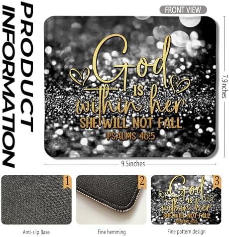 Black Glitter Christian Mouse Pad, God is Within Her She Will Not Fall Bible Verse Mouse Pads for Wireless Mouse Computers Laptop Desk Accessories, Christian Gifts for Women, 9.5x7.9 Inch - Image 2
