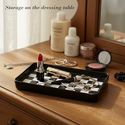 10"×6"×1" Texture Checkered Surface Bathroom Vanity Tray for Countertop- Ceramic Decorative Organizer Tray for Dresser Top, Toilet, Perfume, Sponge Holder Soap Dish Dispenser for Kitchen Counter - Image 5