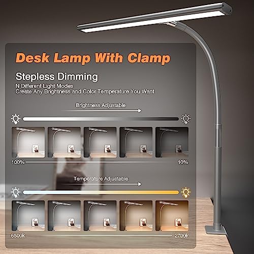 Airlonv LED Desk Lamp with Clamp, 17" Stepless Dimming Light, Grey - Image 2