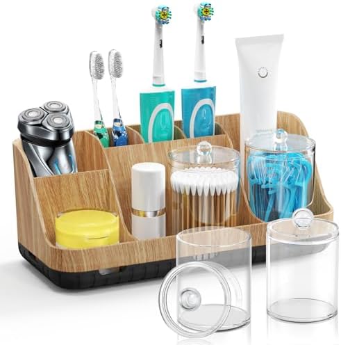GFWARE Bathroom Toothbrush Holder Set with 2 Pack Qtip Holder Dispenser - 7 Slots Kids Bathroom Accessory Sets with Drainage, Q Tip Holder for Bathroom Sink Counter Accessories Set by GFWARE