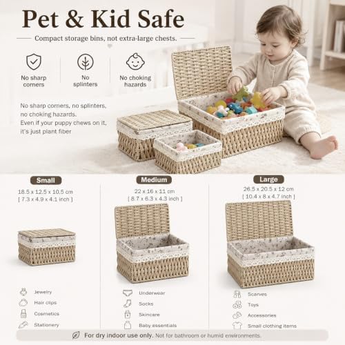 Wicker Basket with Lid & Liner for Counter, Woven Storage basket Set of 3 - Image 7