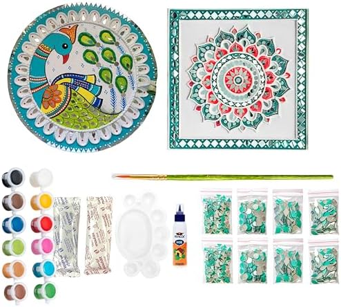 Decordial Lipan art materials kit with 8 inch round MDF DIY kit (1 x lippan art clay, 2 x lippan art board, 4 set of lippan art mirror (200 pieces), 2 x lippan art painting brush and acrylic colour by Decordial