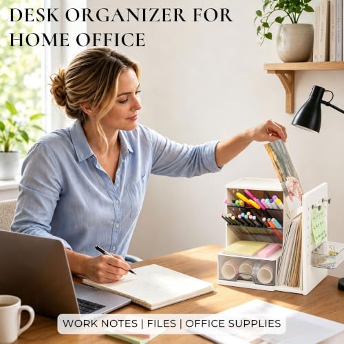Desk Organizer with Drawer, Pen Holder with Slanted Pen Grooves White - Image 5