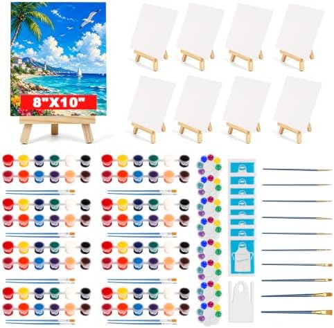 8 Pack 8 * 10In Canvas Boards for Painting,Art Canvas for Drawing with 26 Brushes &8 Aprons 8 Paint Trays & 16 Acrylic Paint, Mini Painting with Easel Set, Painting Kits for Adults Party by Unknown