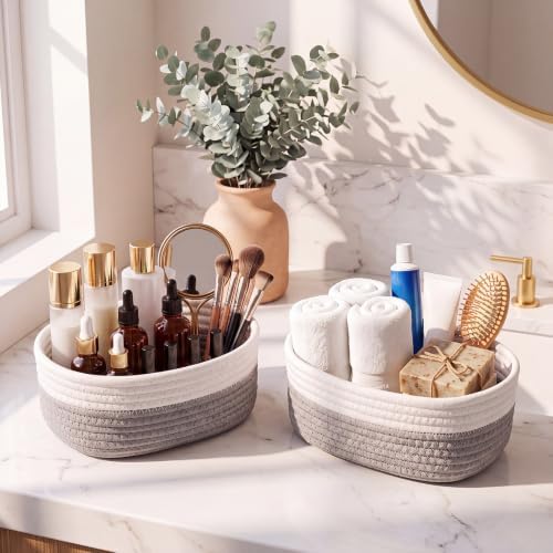 10 Pack Small Woven Baskets, Cotton Rope, White, Light Gray - Image 5