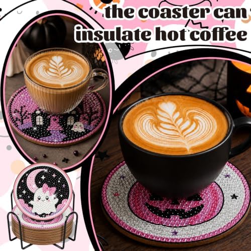 8 Pcs Halloween Diamond Art Coasters Cute Pink Gothic Cat Diamond Art Painting Coasters with Holder DIY Crafts Kits for Halloween Party Decor Gift - Image 4