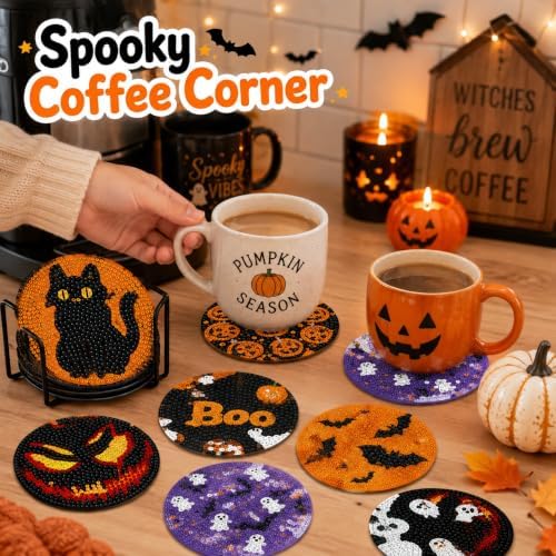 8 Pack Halloween Diamond Art Painting Coasters with Display Holder DIY Kit - Image 4