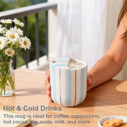 Ceramic Coffee Mug with Sip Hole 10oz Aesthetic Espresso Cup with Hand Painted Striped Coffee Mug for Kitchen Dining Travel (Light Blue, 1Pack) - Image 6