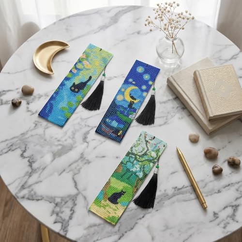 8 Pack Diamond Art Bookmark of Black Cat Oil Painting Design with Tassel - Image 6