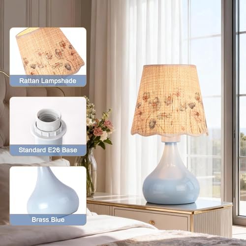 Ziqqeelam Blue Small Bedside Cute Table Lamp for Bedroom, Table Lamps for Nightstand, Scalloped Rattan Shade Table Lamps for Small Spaces for Bedroom, Home Office, Living Room - Image 4