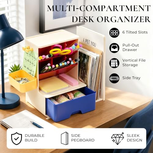 Desk Organizer with Drawer, Pen Holder with Slanted Pen Grooves Color - Image 4
