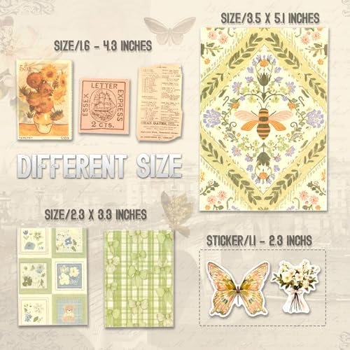 OKUPAN Scrapbook Supplies Kit – 100PCS Vintage Cottagecore Floral Scrapbook Paper & Stickers, 4 Sizes Pastoral Scrapbooking Supplies for Journaling, Card Making & DIY Gifts (Yellow) - Image 6