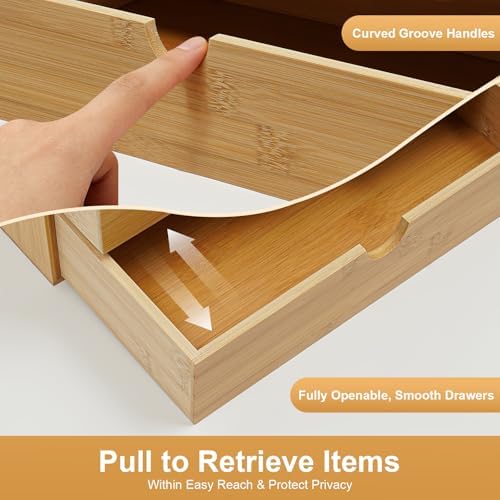 Desk Organizer, Office Vanity Bamboo Desk Organizer, Mini Bamboo Desk Drawer Tabletop Storage Box with 3 Drawer Night Stand Table Organizer for Makeup Vanity Office Supplies (3 Drawer, 2 Top+1 Bottom) - Image 6