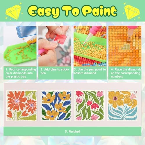 ICYANART 4 Pack Flowers Diamond Art Kits for Kids Age 6-12 6x6 Inch - Image 7