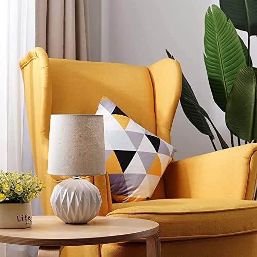 White Ceramic Table Lamp, Geometric Textured Small Bedside Lamp with Linen Shade, Mid Century Modern Nightstand Lamp for Bedroom Living Room Reading Room, H 12" x W 6.7", 7W LED Bulb Included - Image 7