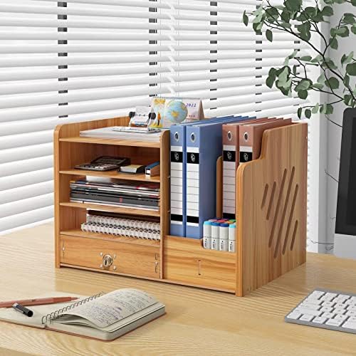 Bamboo Desk Organizer, Desktop Wood Bookshelf File Organizer, Pen Holder and Tissue Holder, 1 Drawer with lock for Office, Home, Need to Install(Cherry Wood) - Image 4