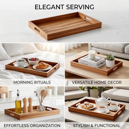 Krismax Wooden Serving Tray with Handles, Rustic Brown Rectangular Serving Platter 15.7x11.4 Inch for Coffee Table, Decorative Storage Tray - Image 3