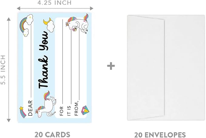 Andaz Press Kids Fill in the Blank Thank You Cards - 20 Cards Including Envelopes Rainbows Unicorn Fun Gender Neutral Note Cards For Boys Girls Birthday Thank You Notes for Friends Family Party Guests