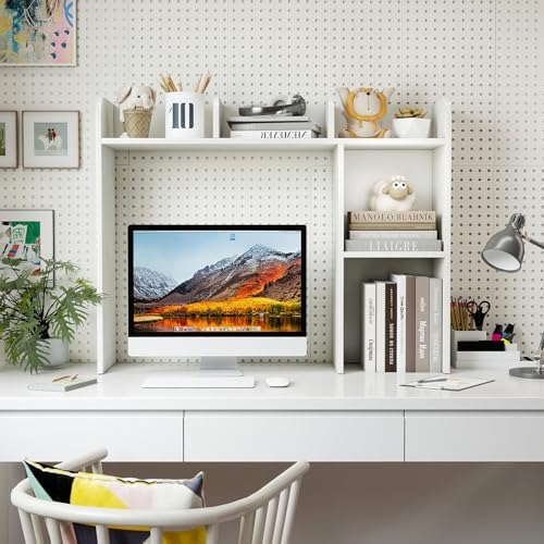 GIANTEX Desktop Bookshelf, Wood Desk Hutch Organizer for 27 Inch Computer Monitor, Countertop Storage Display Rack with 5 Shelves, Multipurpose Desktop Shelf Bookcase for Dorm Office Home, White - Image 2
