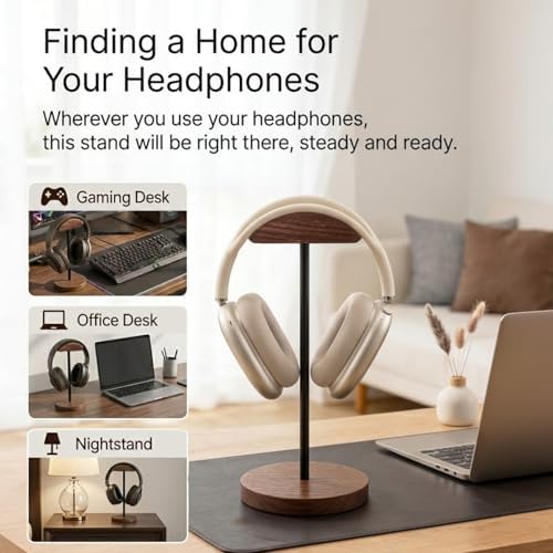Headphone Holder Stand for Desk, Wood and Metal Headset Hanger Mount Hook Gaming Holder Desktop Earphone Artful Functional Craftsmanship Stand for All Headsets with Solid Wooden Base - Image 7