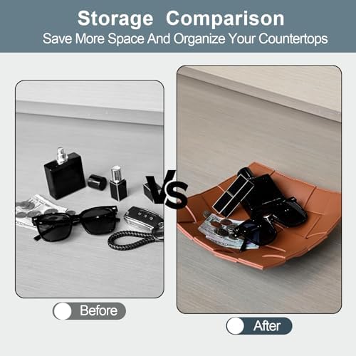 Valet Tray PU Leather Key Holder Bowl for Men and Women Entryway Table Nightstand Catchall Storage Organizer EDC Dump Tray for Wallet, Keys, Coins Men's Gift - Brown, 9.8" L x 9.8" W x 2" H - Image 4