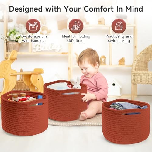 3 Pack Small Rope Storage Baskets, 9.82×9.82×7.1", Brick Red - Image 3