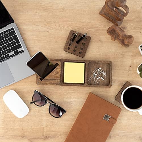 Vigo Wood 3-Compartment Desk Organizer, Vertical Phone Holder Stand, Pen Paperclip Note Storage for Home Office Accessories Small (Walnut) - Image 6