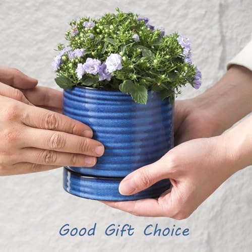 HASENSE Ceramic Indoor Plant Pots, 4.6 Inch Small Flower Planters with Drainage Hole and Saucer, Vintage Reactive Glaze Blue Pots for Succulents, Cactus, Herbs, Home Decor, Set of 4 - Image 4