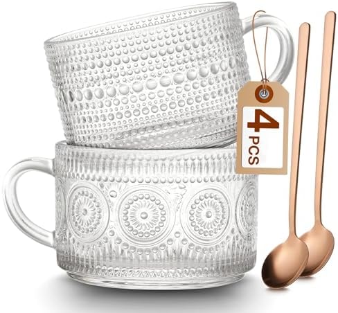 Mfacoy Vintage Coffee Mugs Set of 2, 14 oz Embossed Glass Cups with Handle, Clear Cups for Cappuccino, Latte, Cereal, Yogurt, Milk, Hot or Cold Beverages by Mfacoyisalifestylebrand