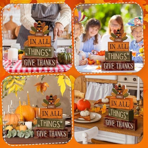 Moucuny 4 Pcs Turkey Wood Block Signs Fall Thanksgiving Tiered Tray Decor - Image 5