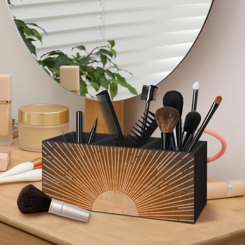 Vintage Boho Sun Wooden Pen Pencil Holder for Desk Accessories, Boho Office Decor, Retro Mid Century Modern Sunshine Wood Makeup Brush Toothbrush Holder Organizer for Vanity Bathroom - Image 4