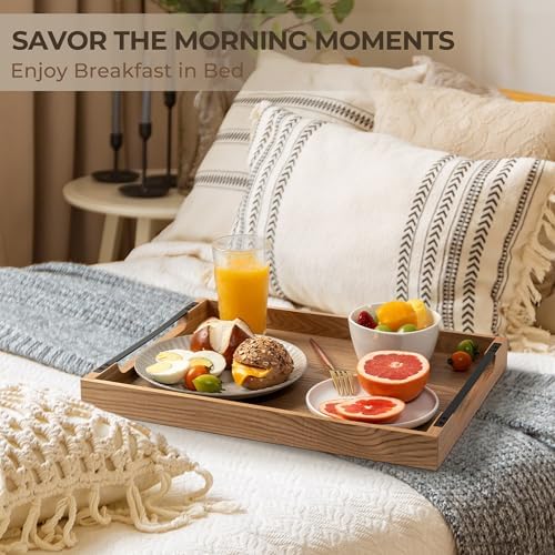 Axeman Wooden Serving Tray with Metal Handles|Ottoman Tray for Breakfast, Bed, Couch|17x13in Ash Wood Coffee Table Trays|Food Drinks Decorative Storage Boards for Ottoman Kitchen, Natural - Image 2