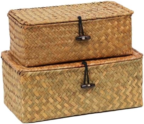 Set of 2 Wicker Basket with Lid, Seagrass Woven Basket for Storage by ORDELITE