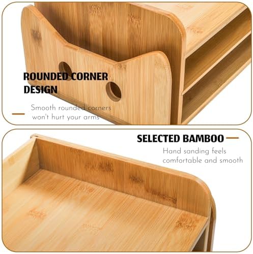 ZOOFOX Cute Cat-Shaped Bamboo Desk Organizer, 3-Tier Paper Letter Tray with 2 Vertical Mail Slots, Wooden Desktop File Holder and Sorter for Office Home - Image 4