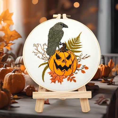 Crafmanoe Halloween Embroidery Starter Kits for Beginners Adults, Fall Pumpkin Stamped Cross Stitch Kits for Beginners Adults, Crow Gothic Embroidery Needlepoint Kits, Hoops, Fabric and Video Tutorial - Image 5