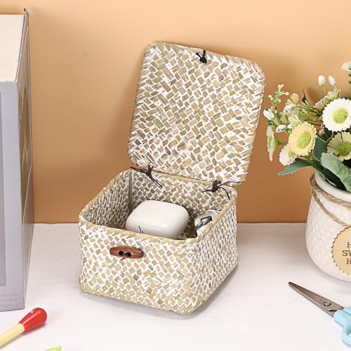 Hipiwe Small Seagrass Basket with Lid Handwoven Decorative Shelf Basket Mini Wicker Storage Box Multipurpose Desktop Organizer for Key Hair Ties, Whitewash 4.7" x 4.7" x 3" - Image 2