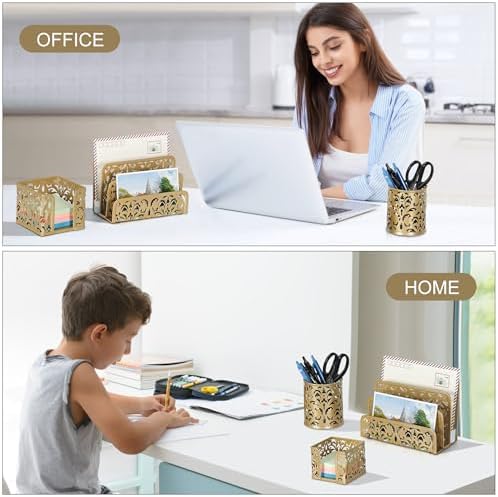 EasyPAG Desk Organizers and Accessories 3 Pieces Office Organizer Set - Pen Holder for Desk, Mail Sorter Countertop and Sticky Note Holder, Gold - Image 7