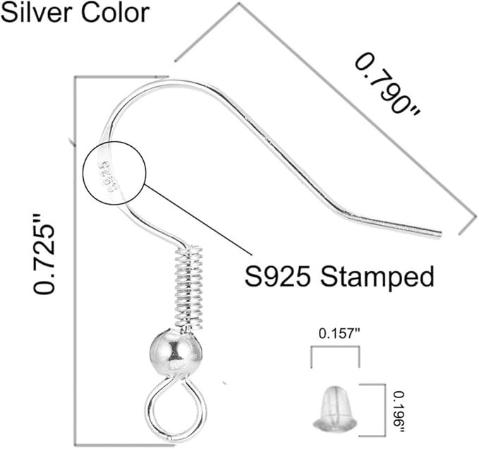 Silver Hypo-allergenic Earring Hooks - 120 Pcs /60 Pairs S925 Sterling Silver Plated Ear Wires Fish Hooks for Jewelry Making, Jewelry Findings Parts with Rubber Earring Backs Stopper for DIY Earrings