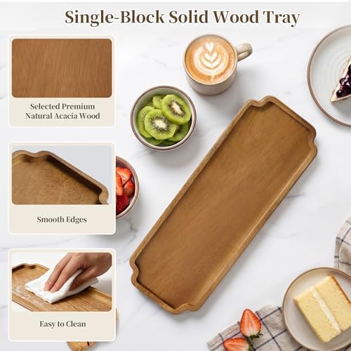 Small Wooden Tray | Acacia Wood Tray for Vanity, Bathroom Counter, Coffee Table & Toilet | Perfect for Remote, Snack & Catch All | Mini Charcuterie Board Serving Platter (Scalloped Rectangular) - Image 3